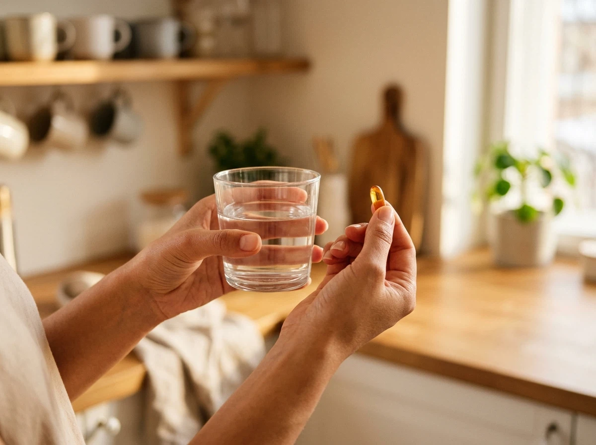 Händer håller ett glas vatten och ett kosttillskott - daglig rutin för öronhälsa