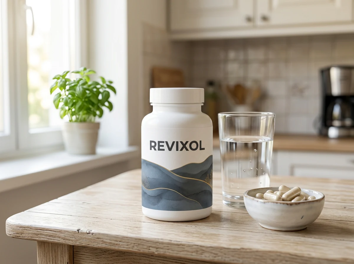 Revixol kosttillskott på träbord med vatten och gröna blad - Skandinavisk stil
